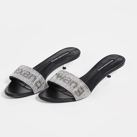 Alexander Wang Black Jo Crystal Logo Slide Silver Sandals Kitten Heel Size 36/ 6 - Picture 1 of 16